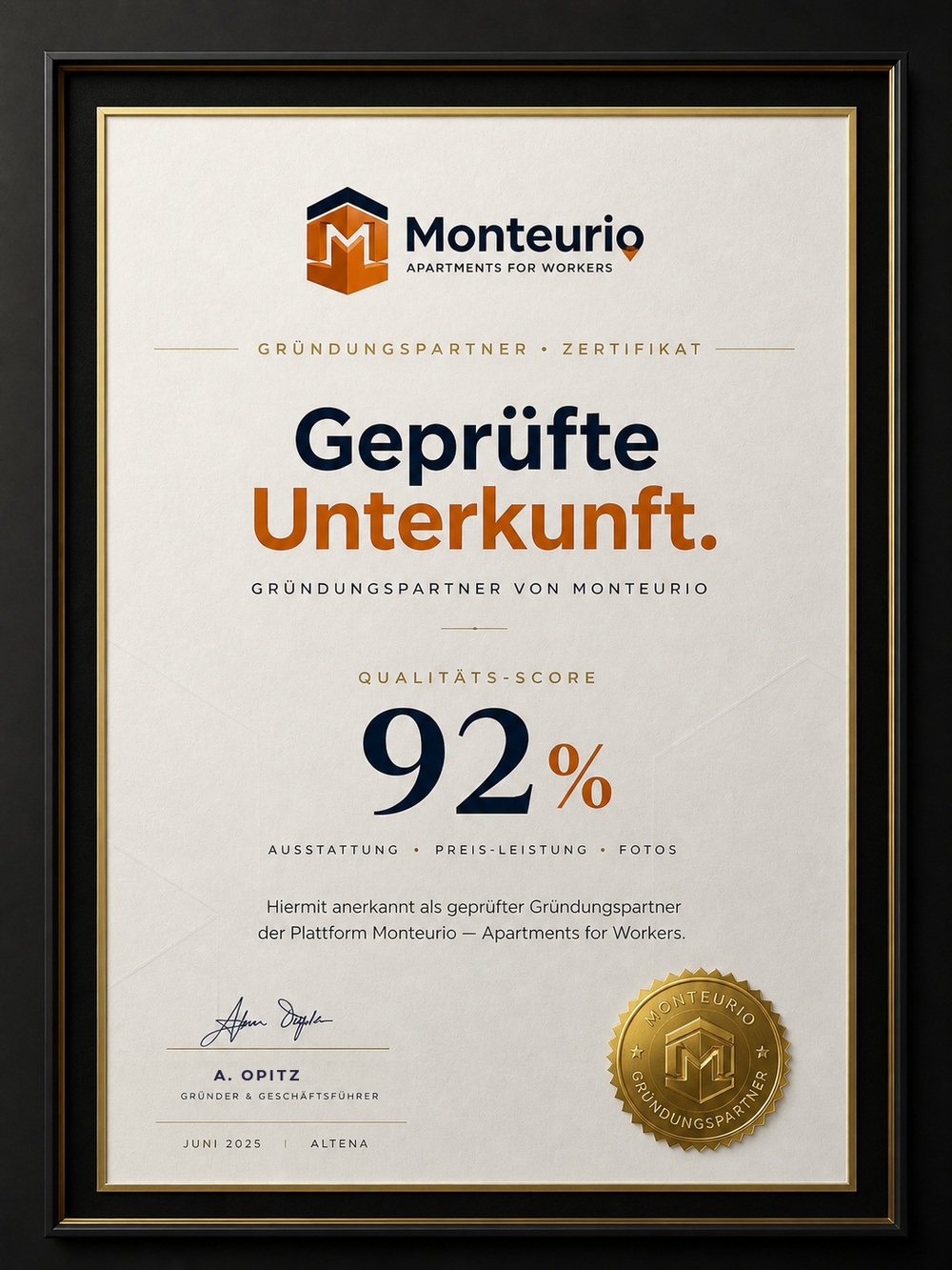 Monteurio Gründungspartner-Zertifikat — Geprüfte Unterkunft mit Score 92%